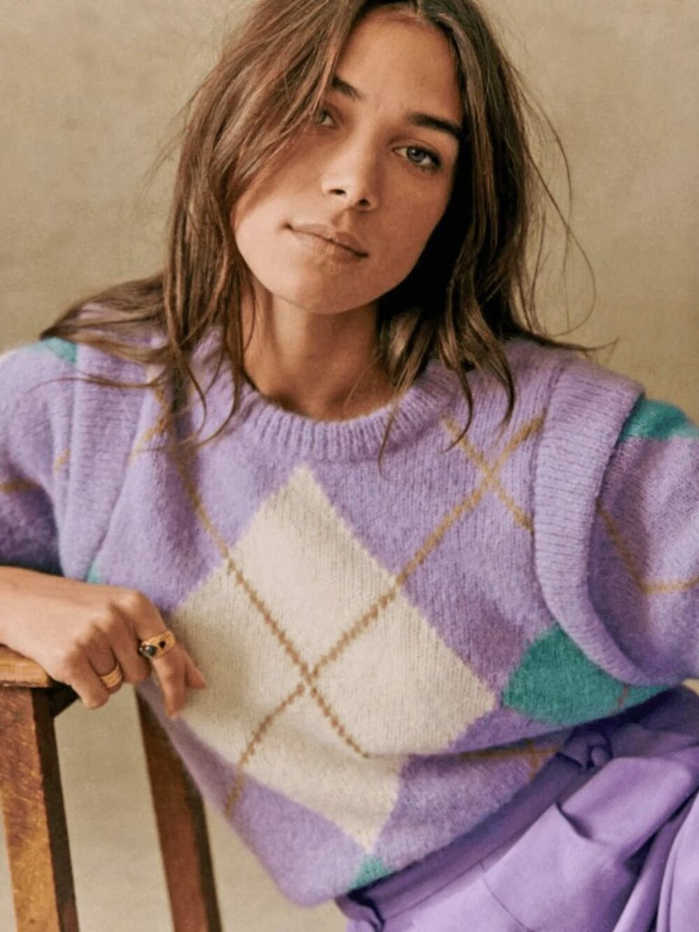 Like New Sezane Edward Alpaca Argyle Sweater Lavender Aqua Medium